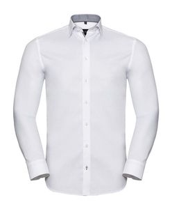 RUSSELL COLLECTION RU964M - MEN'S LONG SLEEVE TAILORED CONTRAST HERRINGBONE SHIRT White/Silver/Convoy Grey
