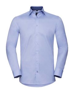 RUSSELL COLLECTION RU964M - MEN'S LONG SLEEVE TAILORED CONTRAST HERRINGBONE SHIRT Light Blue/Mid Blue/Bright Navy